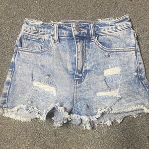 Light Blue Distressed Denim Shorts with flower Embroidery